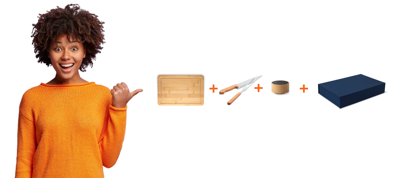 Camila apontando para um o Kit Churrasco com musica